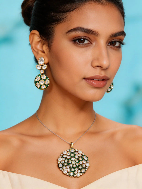 Mandala Polki Lacquer Brass Pendant and Earring Set