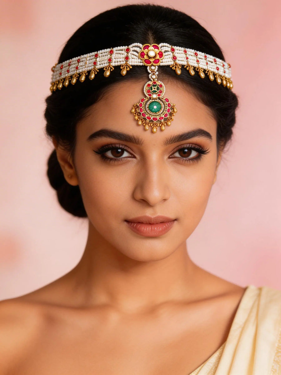 White Beaded Kundan Ghungroo Multi Strand Matha Patti Maang Tikka