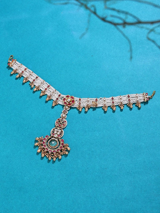 White Beaded Kundan Ghungroo Multi Strand Matha Patti Maang Tikka