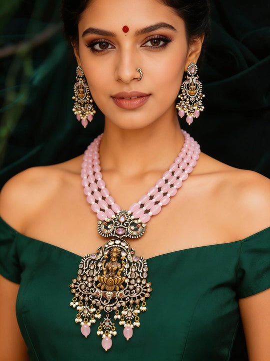 Goddess Lakshmi Temple Brass Pink Beaded Necklace Set