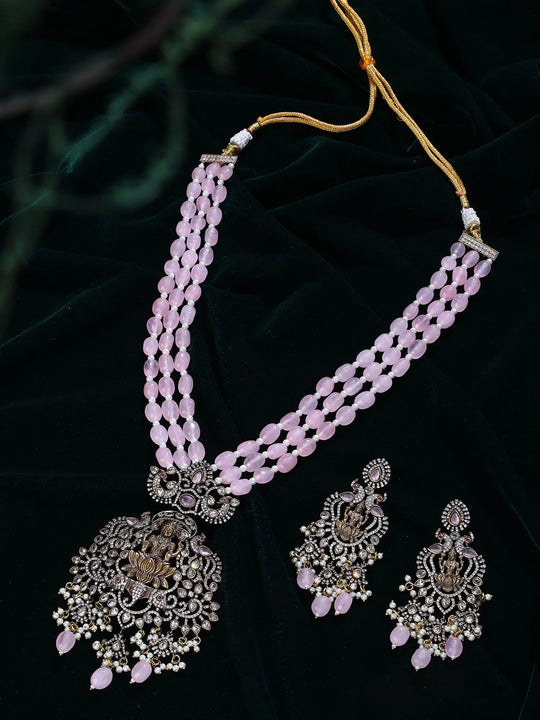 Goddess Lakshmi Temple Brass Pink Beaded Necklace Set