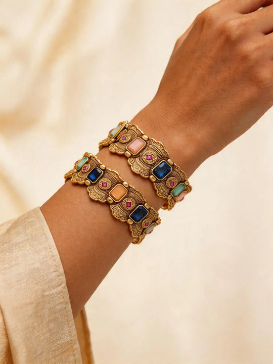 Temple Kundan Brass Openable Bangles in Multicolour (Pair)