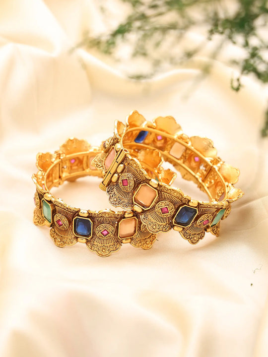 Temple Kundan Brass Openable Bangles in Multicolour (Pair)