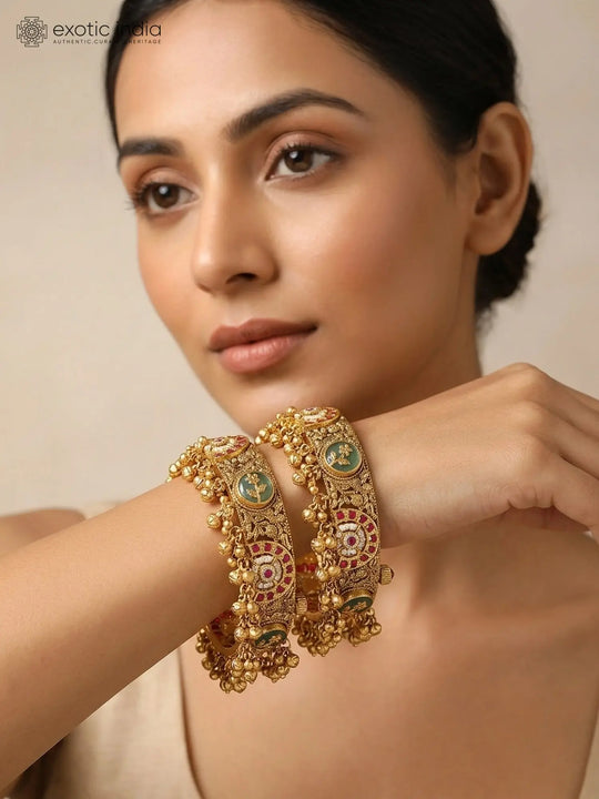 Kundan Meenakari Openable Bangles with Ghungroo Drops (Pair)