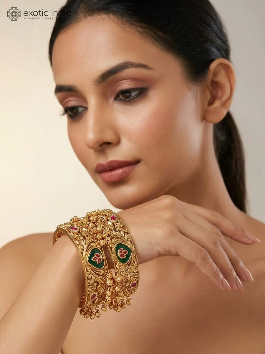 Emerald Green Kundan Brass Bangles with Ghungroo Drops (Pair)