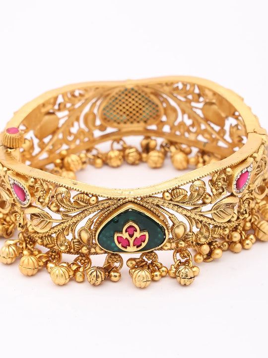 Emerald Green Kundan Brass Bangles with Ghungroo Drops (Pair)