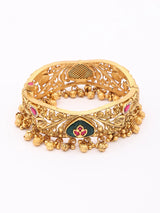 Emerald Green Kundan Brass Bangles with Ghungroo Drops (Pair)