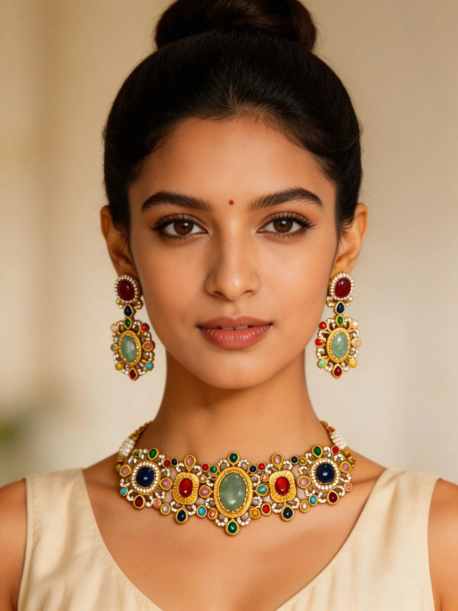 Pink Floral Kundan Choker Set with Earrings in Brass