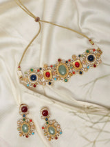 Pink Floral Kundan Choker Set with Earrings in Brass
