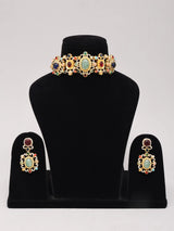 Pink Floral Kundan Choker Set with Earrings in Brass
