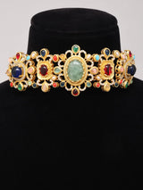 Pink Floral Kundan Choker Set with Earrings in Brass