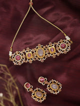 Pink Floral Kundan Choker Set with Earrings in Brass