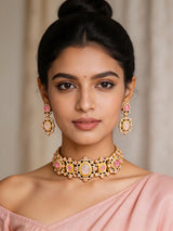 Pink Floral Kundan Choker Set with Earrings in Brass