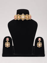 Pink Floral Kundan Choker Set with Earrings in Brass