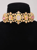 Pink Floral Kundan Choker Set with Earrings in Brass