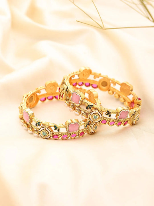 Antique Kundan Pink Stone Openable Bridal Brass Bangles Pair