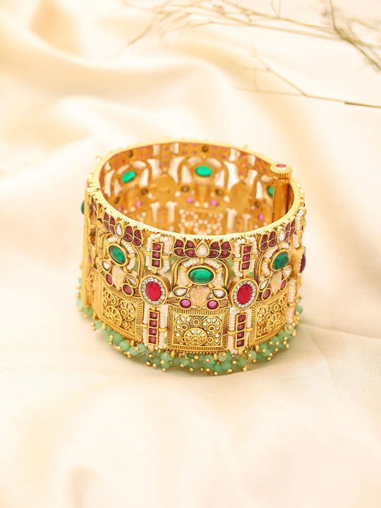 Lotus Kundan Bridal Bangles with Green Bead Drops