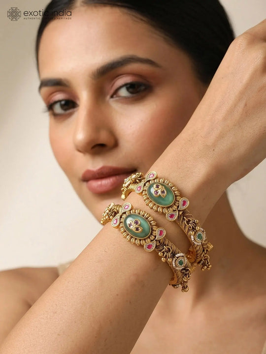 Green Kundan Braid Style Openable Brass Bangles (Pair)