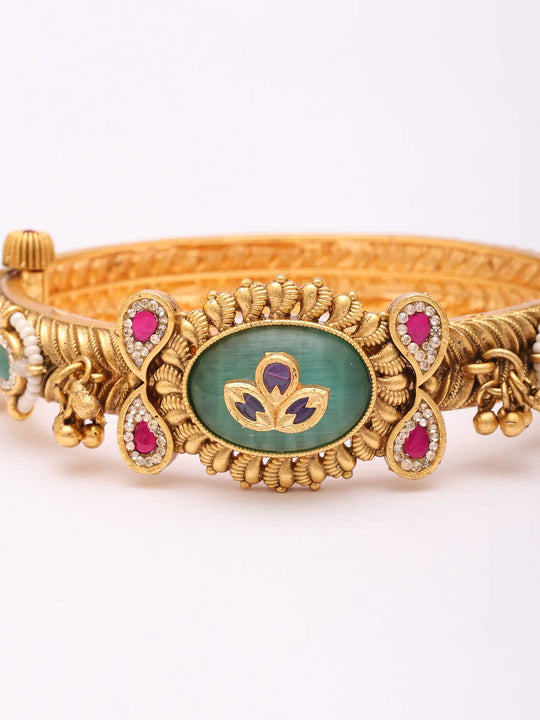 Green Kundan Braid Style Openable Brass Bangles (Pair)