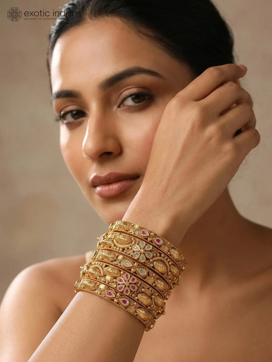 Antique Finish Stone Studded Brass Bangles Set of Six