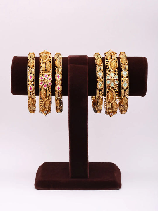 Antique Finish Stone Studded Brass Bangles Set of Six