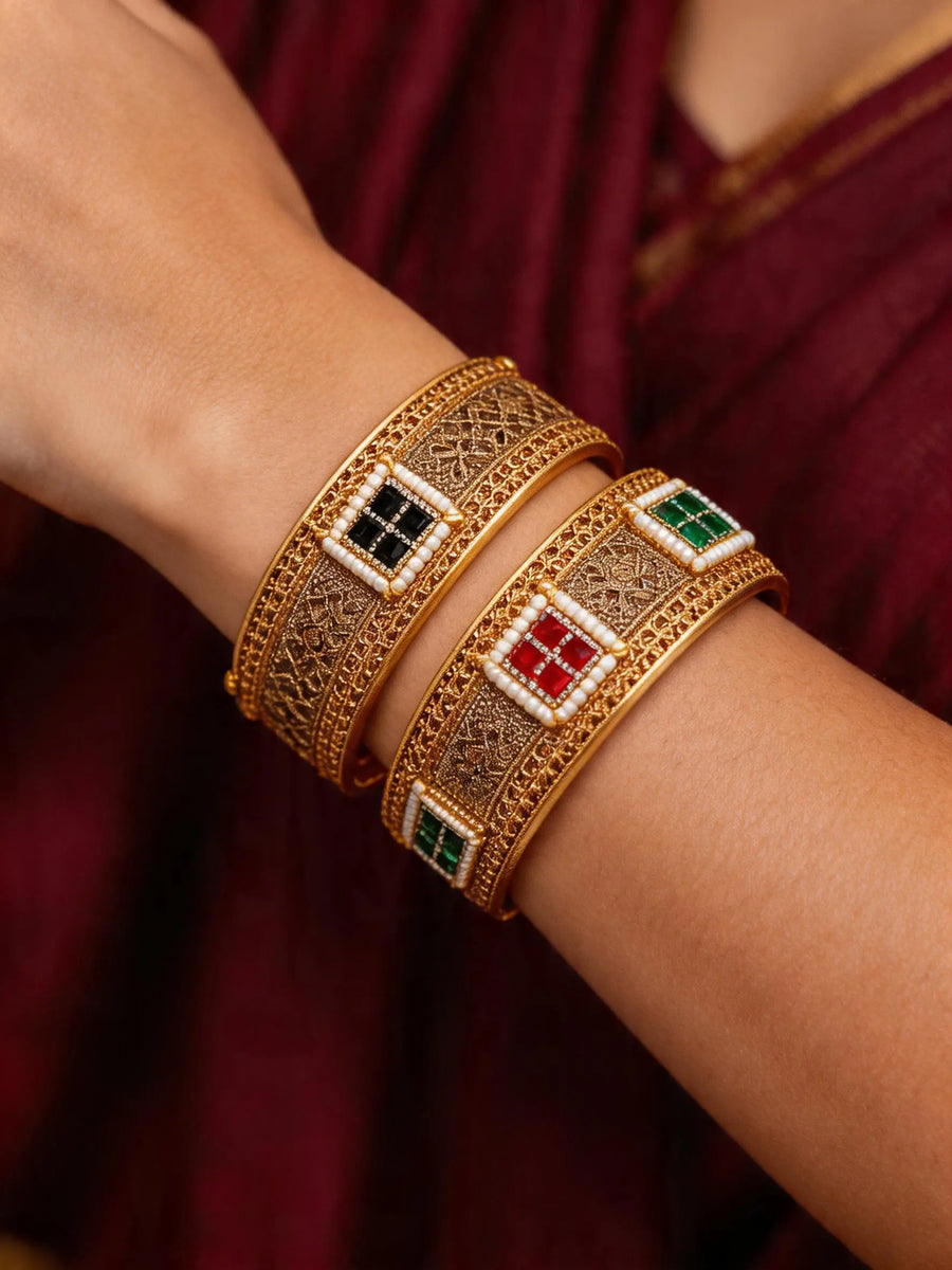 Kundan Jali Work Gold Plated Brass Openable Bangles (Set of 2)