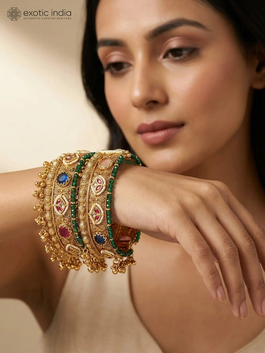 Kundan and Ghungroo Brass Bridal Bangles (Pair)