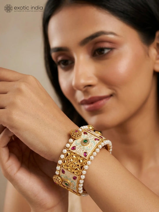Floral Kundan Meenakari Brass Cuff Bangles with Pearl Border