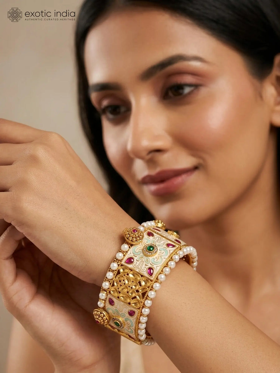 Floral Kundan Meenakari Brass Cuff Bangles with Pearl Border