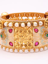 Floral Kundan Meenakari Brass Cuff Bangles with Pearl Border