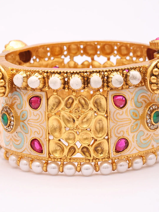 Floral Kundan Meenakari Brass Cuff Bangles with Pearl Border