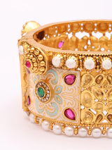 Floral Kundan Meenakari Brass Cuff Bangles with Pearl Border