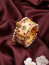 Floral Kundan Meenakari Brass Cuff Bangles with Pearl Border