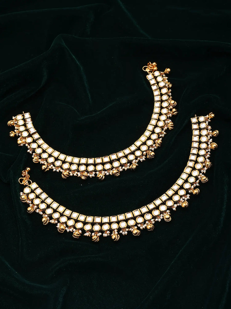 Polki Stone Studded Lacquer Brass Bridal Ghungroo Anklet Pair