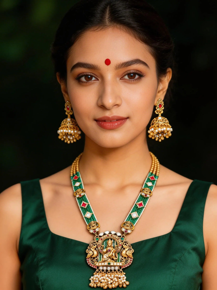 Goddess Lakshmi Kundan Temple Necklace and Earring Set