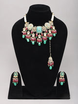 Green Meenakari Kundan Multi-Strand Choker Set with Maang Tikka