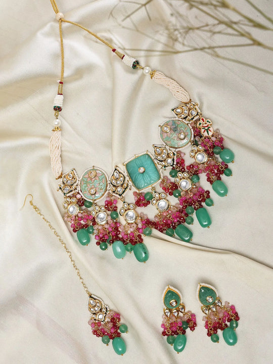 Green Meenakari Kundan Multi-Strand Choker Set with Maang Tikka