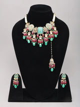 Green Meenakari Kundan Multi-Strand Choker Set with Maang Tikka