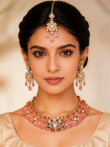 Pink Floral Kundan Necklace Set with Earrings and Maang Tikka