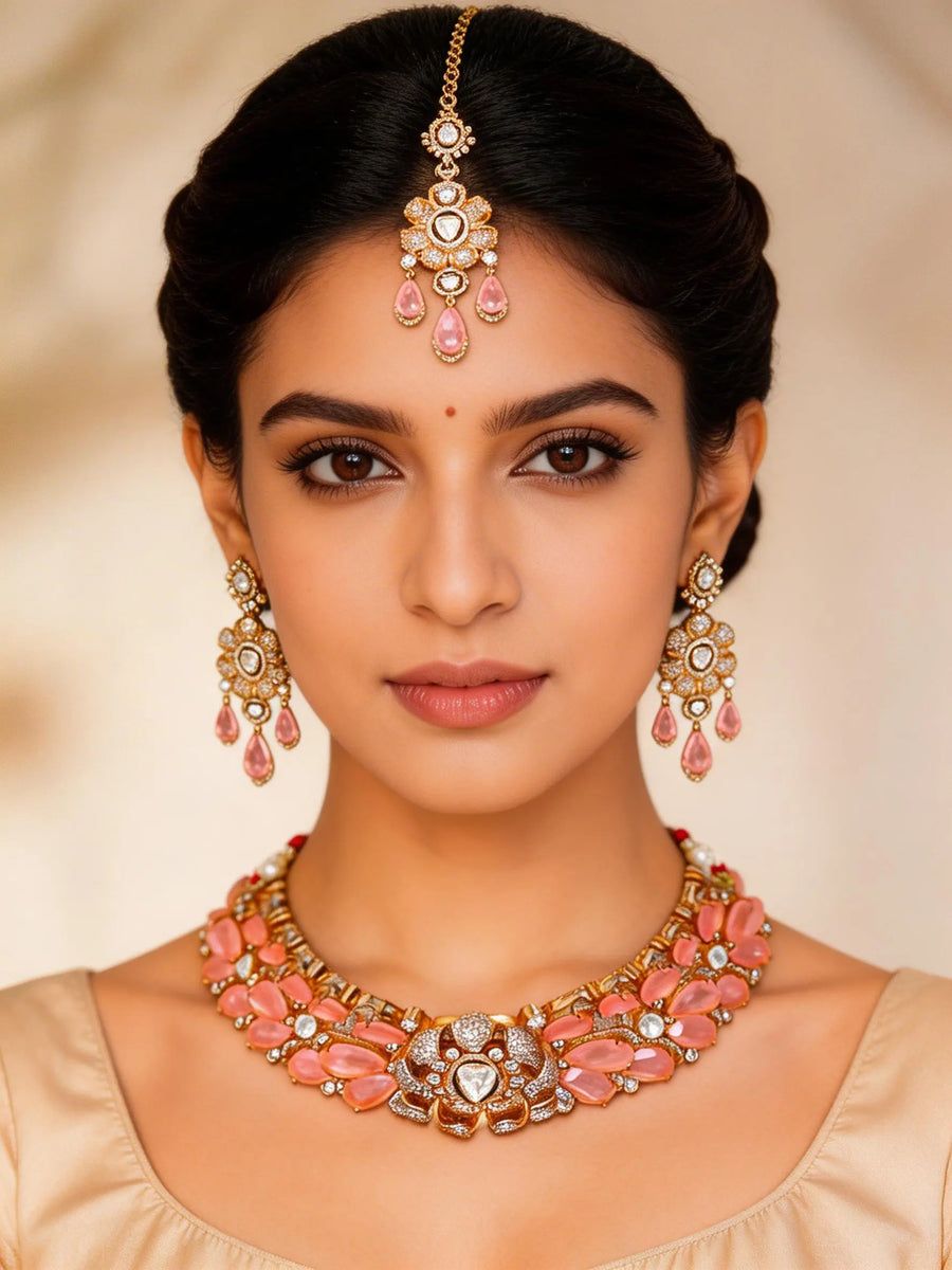 Pink Floral Kundan Necklace Set with Earrings and Maang Tikka