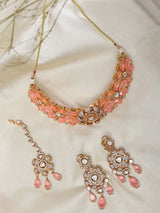 Pink Floral Kundan Necklace Set with Earrings and Maang Tikka