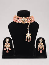 Pink Floral Kundan Necklace Set with Earrings and Maang Tikka