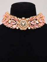 Pink Floral Kundan Necklace Set with Earrings and Maang Tikka