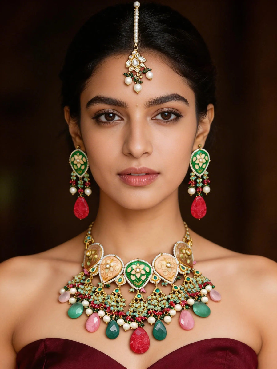 Purple and Multi-Colour Meenakari Kundan Necklace Set with Earrings