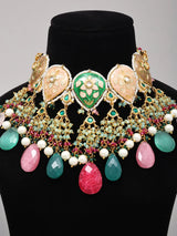 Purple and Multi-Colour Meenakari Kundan Necklace Set with Earrings