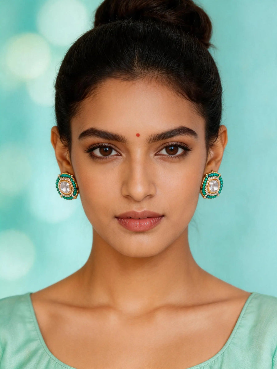 Geometric Green Stone and Pearl Brass Stud Earrings