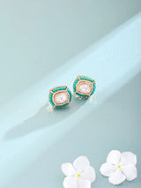 Geometric Green Stone and Pearl Brass Stud Earrings