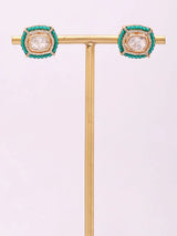 Geometric Green Stone and Pearl Brass Stud Earrings