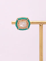 Geometric Green Stone and Pearl Brass Stud Earrings