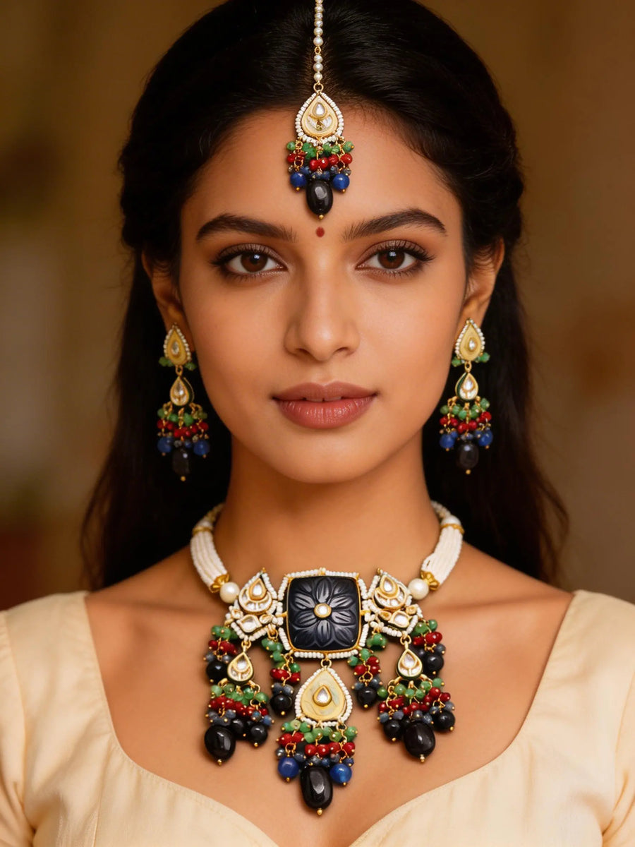 Multistrand Kundan Choker Set with Maang Tikka and Earrings